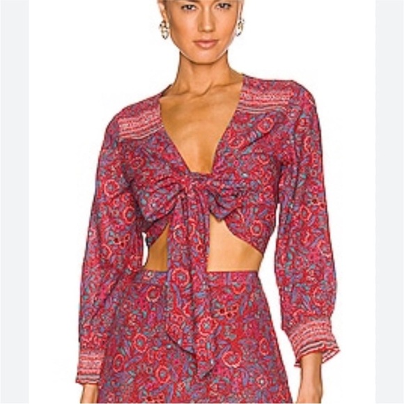 Veronica Beard Sarah floral wrap blouse tie red long sleeve crop top medium - Picture 1 of 14